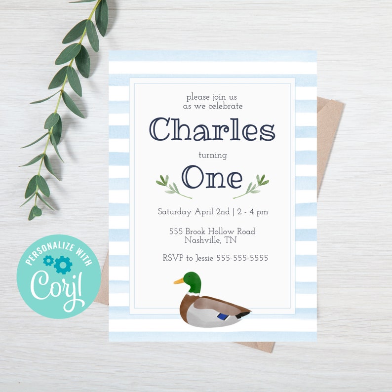 Mallard Duck Birthday Invitation Boy Outdoors First Birthday Editable Printable Digital Download