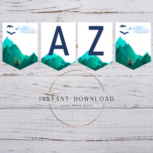 Wild One A-Z Banner Alphabet & Numbers, Watercolor Mountains, Printable Instant Digital Download