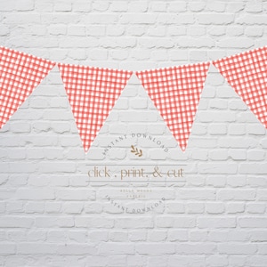 Red Gingham Pennant Banner, Watercolor Bunting, Printable Instant Digital Download