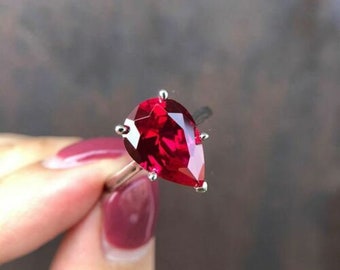 925 Sterling Silver Pear Cut Natural Garnet Gemstone AD Solitaire Handmade Ring
