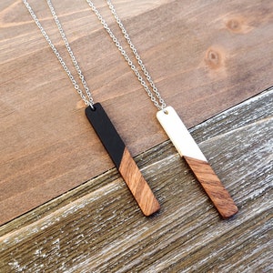 Black/White Wood & Resin Bar Necklace | Boho Wooden Necklace | Minimalist and Hypoallergenic | Simple Elegant Jewelry | Trendy Gift for her