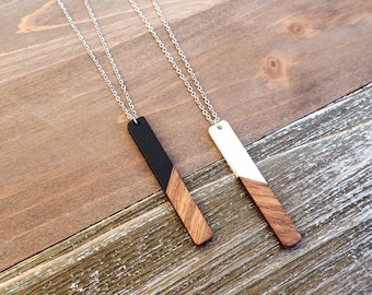 Black/White Wood & Resin Bar Necklace | Boho Wooden Necklace | Minimalist and Hypoallergenic | Simple Elegant Jewelry | Trendy Gift for her