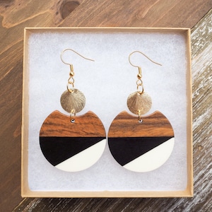 Geometric Wood & Resin Earrings with Disc | Black, White and Wood Boho Earrings | Beautiful Wooden Earrings | Cute, Trendy Gift for her