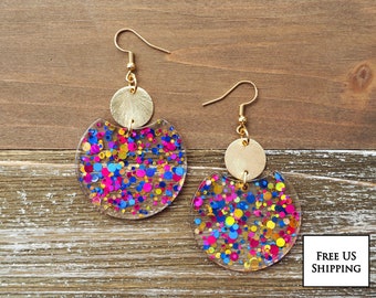 Confetti Sparkle Circle Earrings with Disc | Pink, Gold and Blue Confetti Earrings | Fun Lightweight Earrings | Cute, Trendy Gift for her