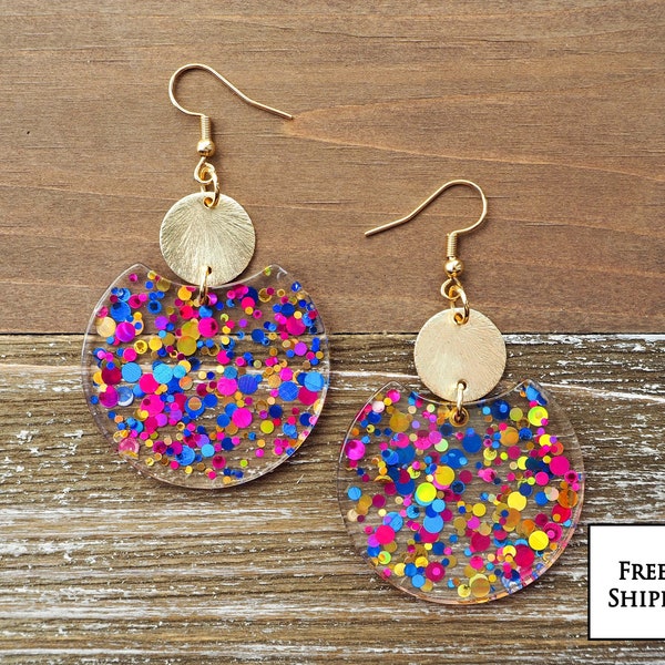 Confetti Sparkle Circle Earrings with Disc | Pink, Gold and Blue Confetti Earrings | Fun Lightweight Earrings | Cute, Trendy Gift for her