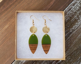 Avocado Green Resin & Wood Drop Earrings with Disc | Boho Wood Earrings | Beautiful Lightweight Wooden Earrings | Cute, Trendy Gift for her