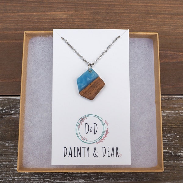 Small Cloudy Blue & Wood Geometric Necklace | Boho Hippie Wood and Resin Necklace |Minimalist and Hypoallergenic |Dainty Trendy Gift for her