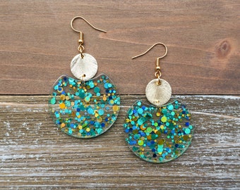 Aqua Confetti Sparkle Circle Earrings with Disc | Aqua, Blue & Gold Confetti Earrings | Fun Lightweight Earrings | Cute, Trendy Gift for her