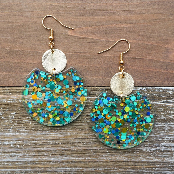 Aqua Confetti Sparkle Circle Earrings with Disc | Aqua, Blue & Gold Confetti Earrings | Fun Lightweight Earrings | Cute, Trendy Gift for her