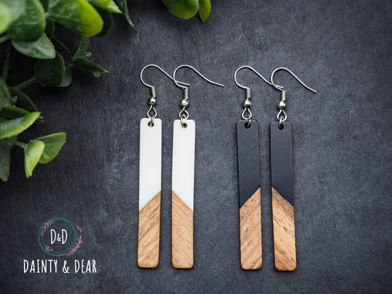 Long Wood & Resin Bar Earrings | Boho Hippie Wooden Earrings | Minimalist and Hypoallergenic | Simple Elegant Jewelry | Trendy Gift for her