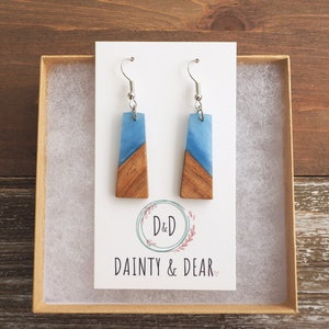 Cloudy Blue & Wood Trapezoid Earrings | Boho Hippie Wooden Earrings | Minimalist and Hypoallergenic | Simple, Dainty, Trendy Gift for her