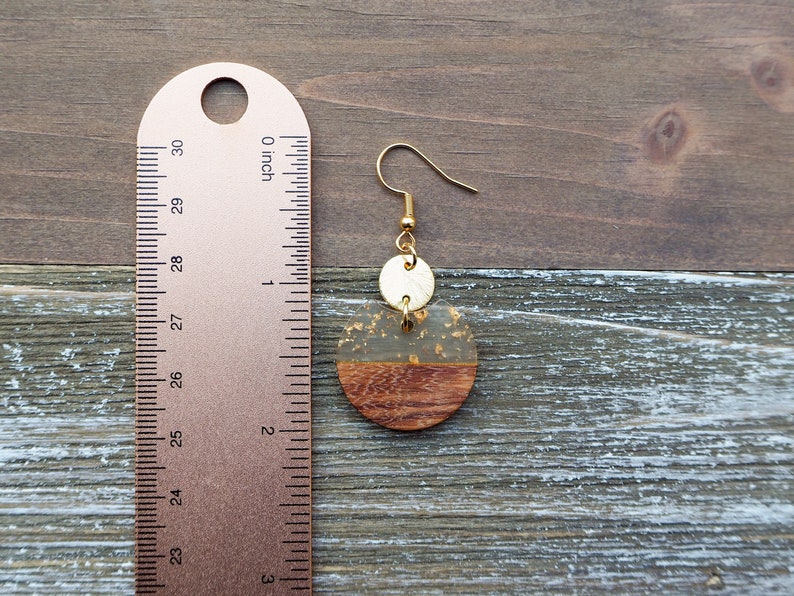 Small Gold Flakes & Wood Circle Earrings with Disc Round Resin and Wood Earrings Boho Wooden Earrings Beautiful, Trendy Gift for her image 6