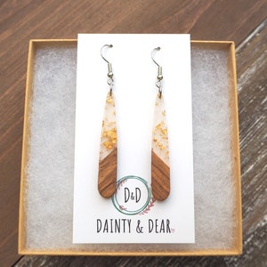 Gold Flakes & Wood Teardrop Bar Earrings | Boho Hippie Wooden Earrings | Minimalist and Hypoallergenic |Simple, Dainty, Trendy Gift for her