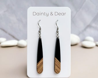 Black Wood & Resin Teardrop Bar Earrings | Boho Dangle Wooden Earrings | Minimalist + Hypoallergenic | Simple Elegant Jewelry | Gift for her