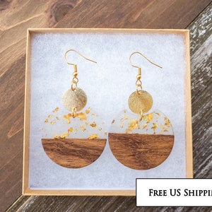 Gold Flakes & Wood Circle Earrings with Disc | Round Resin and Wood Earrings | Boho Hippie Wooden Earrings | Beautiful, Trendy Gift for her