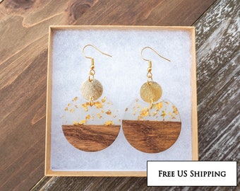 Gold Flakes & Wood Circle Earrings with Disc | Round Resin and Wood Earrings | Boho Hippie Wooden Earrings | Beautiful, Trendy Gift for her