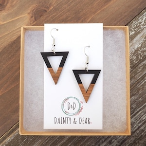 Minimalist Black & Wood Triangle Earrings | Boho Hippie Wooden Earrings | Hypoallergenic Resin and Wood Earrings |Dainty Trendy Gift for her