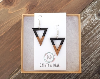Minimalist Black & Wood Triangle Earrings | Boho Hippie Wooden Earrings | Hypoallergenic Resin and Wood Earrings |Dainty Trendy Gift for her