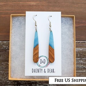 Cloudy Blue & Wood Teardrop Bar Earrings | Boho Hippie Wooden Earrings | Minimalist and Hypoallergenic |Simple, Dainty, Trendy Gift for her