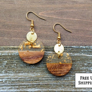 Small Gold Flakes & Wood Circle Earrings with Disc Round Resin and Wood Earrings Boho Wooden Earrings Beautiful, Trendy Gift for her image 1