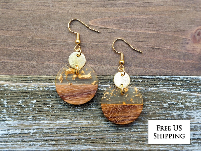Small Gold Flakes & Wood Circle Earrings with Disc Round Resin and Wood Earrings Boho Wooden Earrings Beautiful, Trendy Gift for her image 1