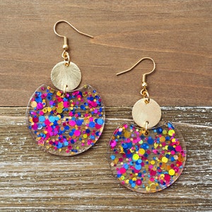 Confetti Sparkle Circle Earrings with Disc | Pink, Gold and Blue Confetti Earrings | Fun Lightweight Earrings | Cute, Trendy Gift for her