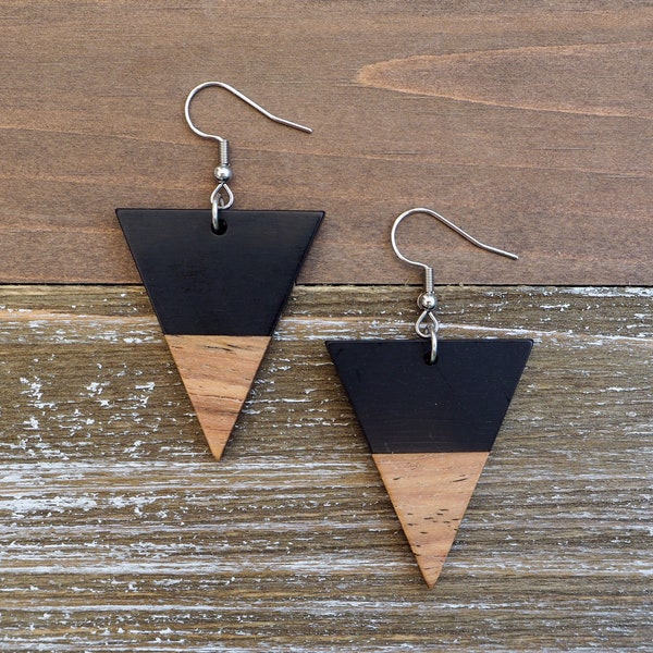 Wood & Black Resin Triangle Earrings | Boho Hippie Wooden Earrings |Hypoallergenic, Lightweight Resin and Wood Earrings |Trendy Gift for her