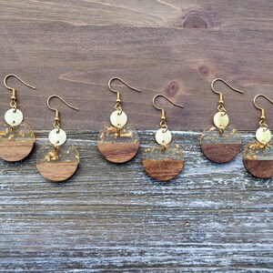 Small Gold Flakes & Wood Circle Earrings with Disc Round Resin and Wood Earrings Boho Wooden Earrings Beautiful, Trendy Gift for her image 5