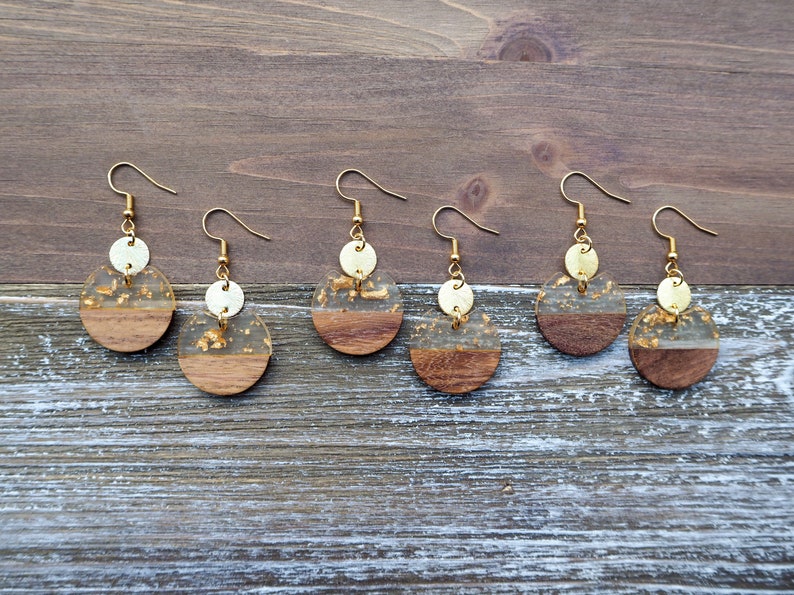 Small Gold Flakes & Wood Circle Earrings with Disc Round Resin and Wood Earrings Boho Wooden Earrings Beautiful, Trendy Gift for her image 5