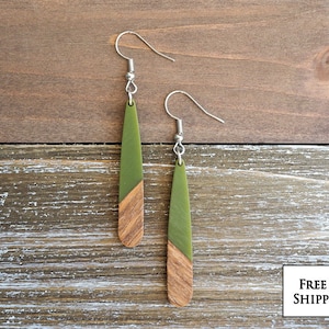 Avocado Green & Wood Teardrop Bar Earrings | Boho Hippie Wooden Earrings | Minimalist and Hypoallergenic | Dainty, Trendy Gift for her