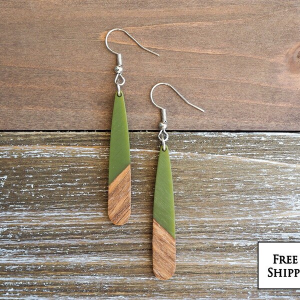 Avocado Green & Wood Teardrop Bar Earrings | Boho Hippie Wooden Earrings | Minimalist and Hypoallergenic | Dainty, Trendy Gift for her