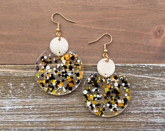 Golden Confetti Sparkle Circle Earrings with Disc | Gold, Black and White Confetti Earrings |Fun Lightweight Earrings |Cute Gift for her