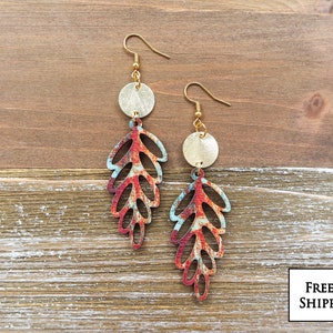 Rustic Wooden Leaf Earrings with Disc | Boho Reds & Blues Wood Earrings | Beautiful Wooden Earrings | Cute, Lightweight and Hypoallergenic