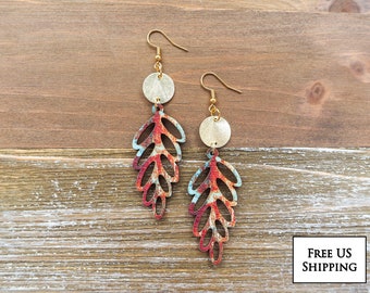 Rustic Wooden Leaf Earrings with Disc | Boho Reds & Blues Wood Earrings | Beautiful Wooden Earrings | Cute, Lightweight and Hypoallergenic