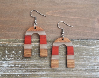 Wood & Resin Rainbow Earrings | Boho Hippie Wooden Arch Earrings | Minimalist and Hypoallergenic | Simple, Dainty, Trendy Gift for her