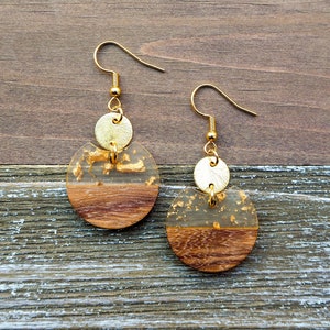 Small Gold Flakes & Wood Circle Earrings with Disc Round Resin and Wood Earrings Boho Wooden Earrings Beautiful, Trendy Gift for her image 7