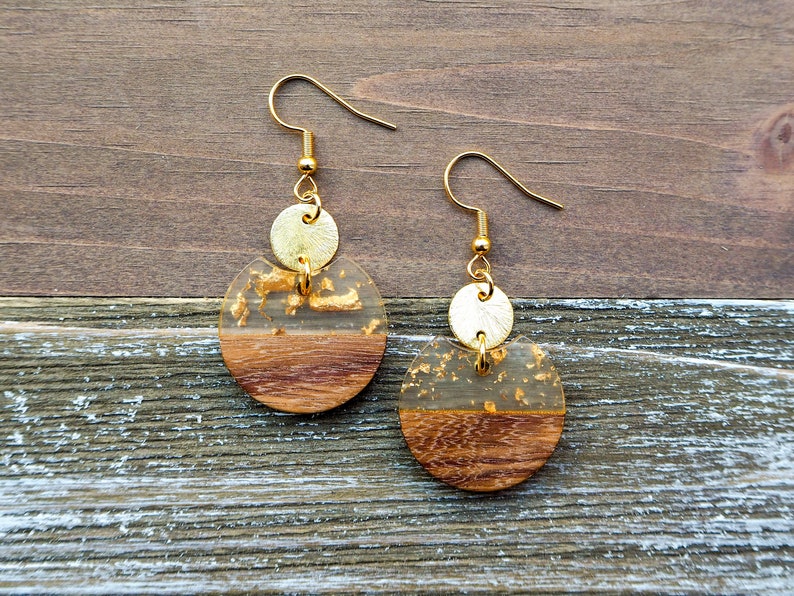 Small Gold Flakes & Wood Circle Earrings with Disc Round Resin and Wood Earrings Boho Wooden Earrings Beautiful, Trendy Gift for her image 7