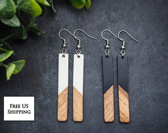 Pendientes largos de barra de madera y resina / Pendientes de madera Boho Hippie / Minimalista e hipoalergénico / Joyería elegante simple / Regalo de moda para ella