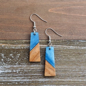 Cloudy Blue & Wood Trapezoid Earrings | Boho Hippie Wooden Earrings | Minimalist and Hypoallergenic | Simple, Dainty, Trendy Gift for her