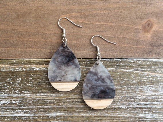 Marbled Gray/Black & Wood Teardrop Earrings | Boho Hippie Wooden Earrings | Minimalist and Hypoallergenic | Dainty, Trendy Gift for her
