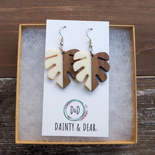 Monstera Leaf Wood & Resin Earrings | Boho Hippie Wooden Earrings | Nature Inspired Tropical Plant Botanical Jewelry | Trendy Gift for her