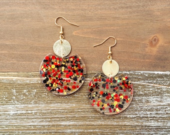 Sparkling Confetti Circle Earrings with Disc | Red, Gold and Black Confetti Earrings | Fun Lightweight Earrings | Cute, Trendy Gift for her