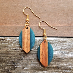 Ocean Blue Resin & Wood Drop Earrings | Cute Small Boho Wooden Earrings | Minimalist and Hypoallergenic |Simple, Dainty, Trendy Gift for her