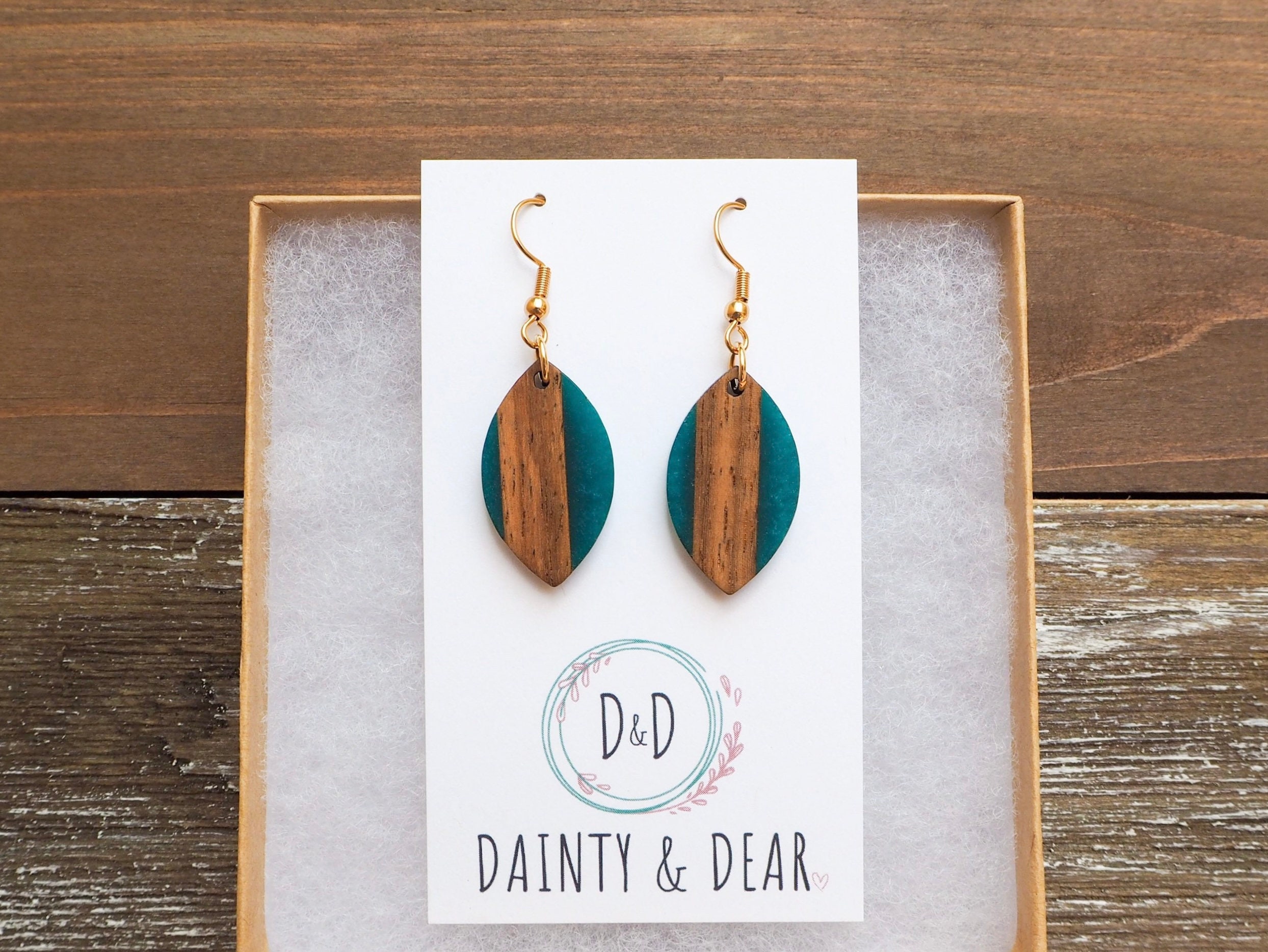 Ocean Blue Resin & Wood Drop Earrings Cute Small Boho Wooden Earrings…