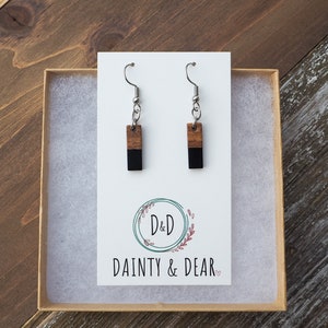 Tiny Wood & Black Resin Bar Earrings | Minimalist Boho Wooden Earrings | Lightweight and Hypoallergenic |Simple, Dainty, Trendy Gift for her