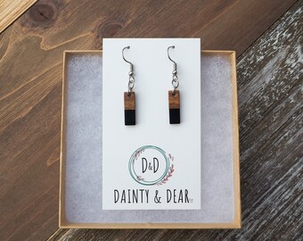 Tiny Wood & Black Resin Bar Earrings | Minimalist Boho Wooden Earrings | Lightweight and Hypoallergenic |Simple, Dainty, Trendy Gift for her