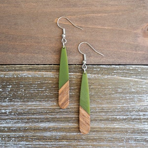 Avocado Green & Wood Teardrop Bar Earrings | Boho Hippie Wooden Earrings | Minimalist and Hypoallergenic | Dainty, Trendy Gift for her