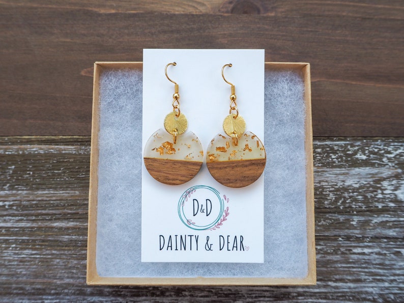 Small Gold Flakes & Wood Circle Earrings with Disc Round Resin and Wood Earrings Boho Wooden Earrings Beautiful, Trendy Gift for her image 3