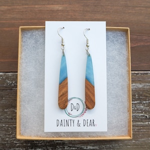 Cloudy Blue & Wood Teardrop Bar Earrings | Boho Hippie Wooden Earrings | Minimalist and Hypoallergenic |Simple, Dainty, Trendy Gift for her