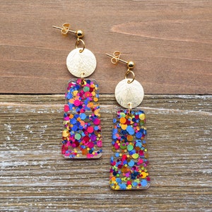 Confetti Sparkle Trapezoid Earrings with Disc | Pink, Gold and Blue Confetti Earrings | Fun Lightweight Earrings | Cute, Trendy Gift for her